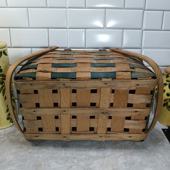 Rustic Picnic 2 Handle Gathering Basket 18x12" Woven Slat Wood Country Farmhouse - Picture 9 of 9